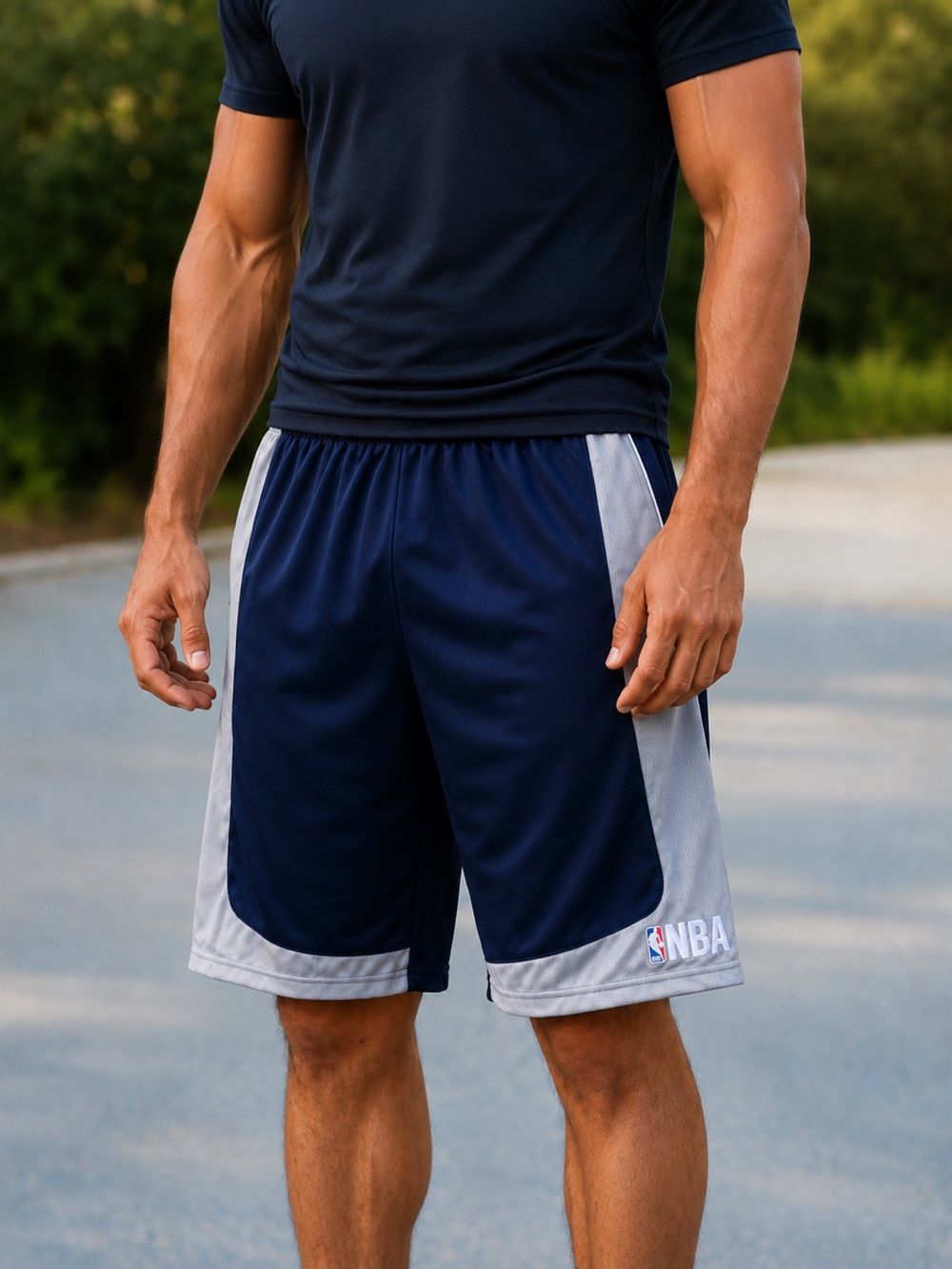 Y2K NBA Basketball Shorts Mens Medium Navy Blue Gray Baggy Lined Drawstring